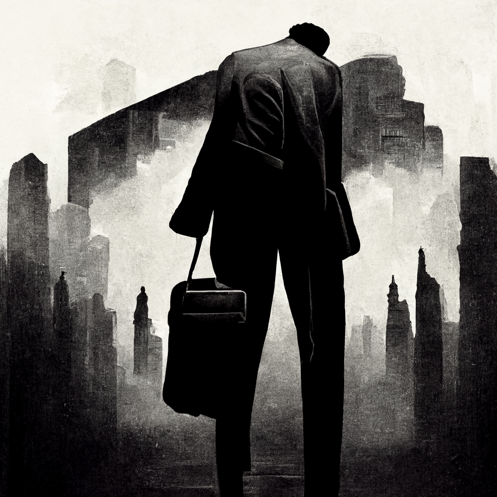 A black-and-white illustration depicts a lone man in a suit carrying a briefcase, standing amidst the ruins of a city. The buildings, shown as skeletal silhouettes, create a somber, dystopian atmosphere with an overcast sky—an eerie reminder of the resilience needed to grow your business in challenging times.